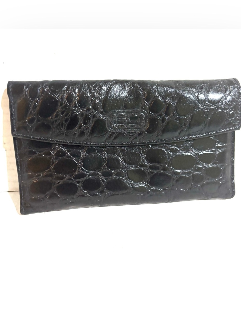 Classic Black Croc-Embossed Leather Wallet Clutch